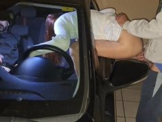 Husband watches wife get fucked doggy style in parking lot - public creampie squirting